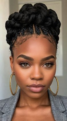 braids hairstyles updo black women Halo Hair Styles For Black Women, Black Queen Hairstyles, Tapered Fro 4c Hair Black Women, Braids For Round Faces Black Women, Black Woman Updo Hairstyles, Elegant Braids For Black Women, Short Braid Hairstyles For Black Women, Wedding Updo Black Women, Low Bun With Braids