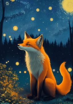 a painting of a fox sitting on the ground at night with stars in the sky