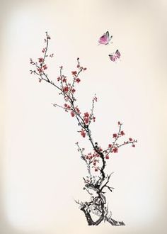 two butterflies flying over a branch with red flowers in front of a white sky background