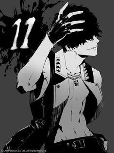 an anime character holding his hand up to his face with the number 11 on it