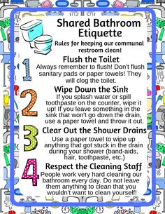 a bathroom rules poster with toilet symbols and instructions for the use of colored washcloths