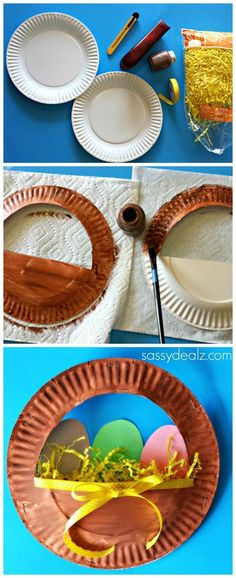 paper plate crafts for kids to make with eggs and other things that are on the table