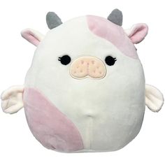 a white and pink stuffed animal with horns