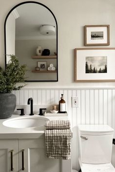 a white toilet sitting under a bathroom mirror next to a sink and a potted plant