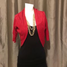 Brand New, Collar, Mesh, True Red Color, 3/4 Sleeve 3/4 Sleeve Fall Cardigan For Party, Fall Party Cardigan With 3/4 Sleeves, 3/4 Sleeve Cardigan For Fall Party, Elegant Red Sweater For Spring, Elegant Red Spring Cardigan, Fitted 3/4 Sleeve Shrug For Fall, Woven Cardigan, True Red, Red Color