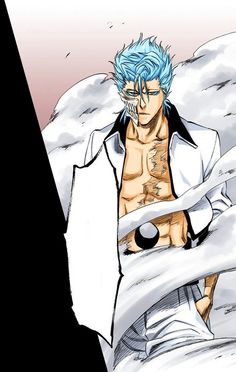 an anime character with blue hair and no shirt on sitting in front of white clouds