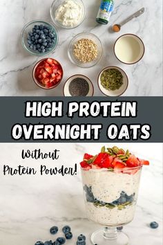 High protein overnight oats without protein powder in a parfait glass with assorted ingredients on white marble. Overnight Oats Without Protein Powder, Healthy Snacks Meal Prep, Overnight Oats Protein Powder, Easy High Protein Meal Prep, Protein Breakfast Muffins, High Protein Overnight Oats, Protein Meal Prep, Protein Overnight Oats