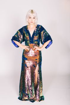 Any Old Iron Kimono Gown Kimono Sleeve Design Oil Slick fabric, flips to blue Blue satin lining High Split leg Open back Size 2/Small in stock, custom 7 days Shades Of Cool, Moda Kimono, Open Back Gown, Kimono Gown, Peacock Wedding, Split Legs, Kate Bosworth, Miranda Lambert, Oil Slick