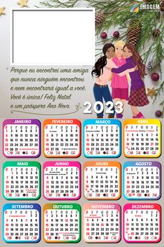 a calendar with two girls hugging each other and pine cones on the background, in spanish