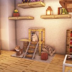 a cat sitting in a room with shelves on the wall and other items around it