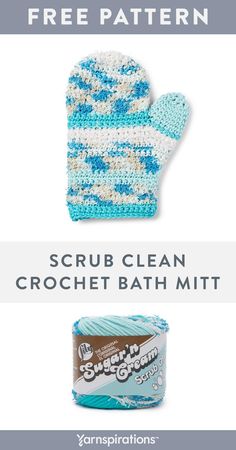 two crochet mitts and a scrubber are shown with the text, free pattern