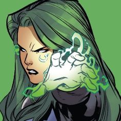 an image of a woman with green hair holding her hand up to her face and looking at the camera