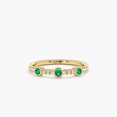 Handmade Solid Gold Natural Emerald and Diamond Garland Ring Classic Green Diamond Stackable Ring, Classic Green Stackable Diamond Ring, Classic Green Stackable Rings For Formal Occasions, Formal Green Stackable Rings, Green Three-stone Birthstone Ring In 14k Gold, Green Three Stone Birthstone Ring In 14k Gold, Heirloom Green Diamond Ring With Bezel Setting, Classic Green Stackable Rings With Prong Setting, Diamond Stackable Rings For May Birthstone