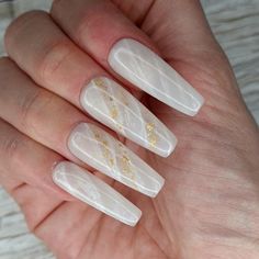 Milky White Quartz / Crystal Press On Nails with gold flakes | Etsy Nails With Gold Flakes, 15 Nails, Classic Manicure, Freestyle Nails, Euphoria Nails, Nails With Gold, White Coffin Nails, White Quartz Crystal, Luxury Press On Nails