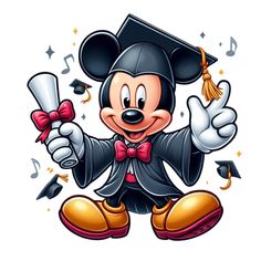 a cartoon mickey mouse wearing a graduation hat and holding a diploma in one hand, with music notes behind him