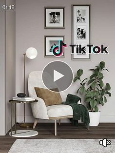 a living room scene with the text tiktok on the wall and pictures above it