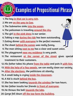 a poster with the words examples of prepositional phrases