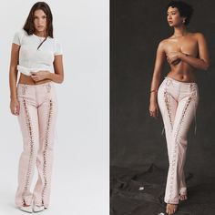 These Pants Are So Stinkin Cute!! They're Crafted From Distressed Vegan Leather In A Soft Peach Hue That's Blended With Plenty Of Stretch, Creating The Most Comfortable Fit. They Sit Mid-Rise At The Waist And You'll Love The Lace Up Detailing For An Ultra Feminine Vibe. 'Elliott' Have A Straight Leg Silhouette With A Subtle Flared Hem To Sit Perfectly Over Your Prettiest Heels And The Soft Satin Lining Ensures A Smooth And Non Sticky Finish. Where To Wear: Stylish Dinner Dates, Bottomless Brunch White Leather Pants, Patent Leather Pants, Vinyl Trousers, Lace Up Trousers, 18th Birthday Outfit, Justice Leggings, Cheetah Print Leggings, Silver Pants, Monochromatic Fashion