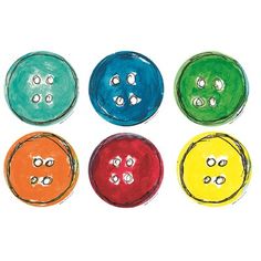 four different colored buttons with faces drawn on them