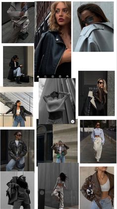 a collage of photos showing different styles of clothing and accessories, including jackets, jeans, shoes, bags, and handbags