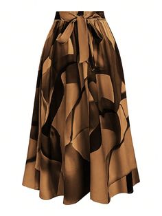 Plus Size Front Tie All-Over Allover Print Skirt, Casual Everyday Wear Brown Casual   Woven Fabric Plain,All Over Print,Textured Pattern Flared Non-Stretch  Women Plus Clothing, size features are:Bust: ,Length: ,Sleeve Length: Tie Waist Skirt, Casual Summer Skirt, Umbrella Skirt, Midi Dress Plus Size, Skirt Casual, Checkered Dress, Plus Size Skirts, Print Skirt, Casual Skirt