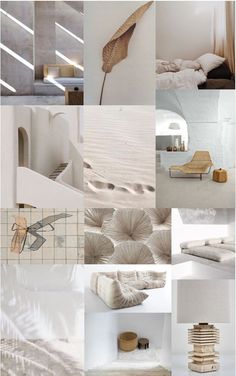 a collage of photos with white walls and flooring, including an open - air room