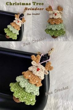 crochet christmas tree ornament is shown in three different colors