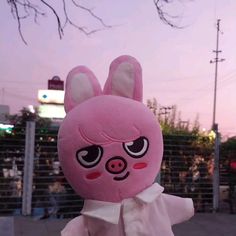 a pink stuffed animal with big eyes and ears