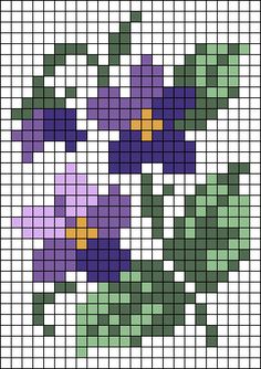 a cross stitch pattern with purple and green flowers