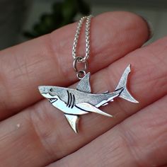 This is a beautiful detailed great white shark charm made from recycled sterling silver♻️that measures .8" in length including the bail and 1.1" wide. It comes on a 1mm rounded box chain in your choice of 16", 18", 20" or 24" long. Shark Items, Shark Things, Shark Charm, Shark Stuff, Shark Jewelry, Shark Pendant, Shark Necklace, Shark Art, Cute Shark