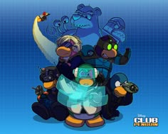 an image of some cartoon characters in front of a moon and blue background with the words club penguin on it