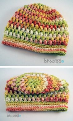 two photos showing the same crocheted hat with different colors and designs on it