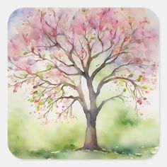 a watercolor painting of a tree with pink flowers