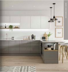 a modern kitchen with grey cabinets and white counter tops, an area rug on the floor