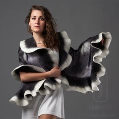 Wavy shawl Felt ruffled scarf  Grey with ivory white by JumiFelt, $118.00 Crochet Ruffle Scarf, White Shawl, Silk Fiber, Evening Shawls, Loom Knitting Patterns, Nuno Felt Scarf, Merino Wool Scarf, Ruffle Scarf, Felted Scarf