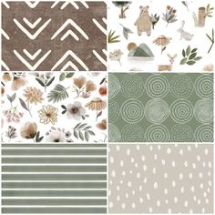 a collage of different patterns and colors in shades of green, brown, beige and white