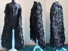 three different views of a mannequin with black feathers on it's back