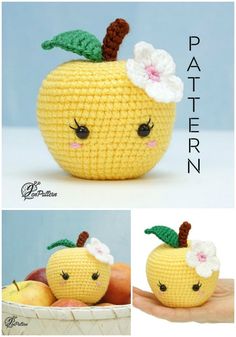 there is a crocheted yellow apple with flowers on it's top and bottom