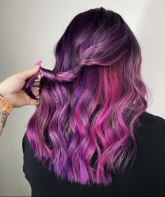 Pink Purple Hair Streaks, Pink And Purple Balayage Brunette, Purple And Pink Balayage, Dimensional Vivid Hair, Pink Dimensional Hair, Dimensional Purple Hair, Dimensional Pink Hair, Pink To Purple Ombre Hair, Pink And Purple Hair Highlights