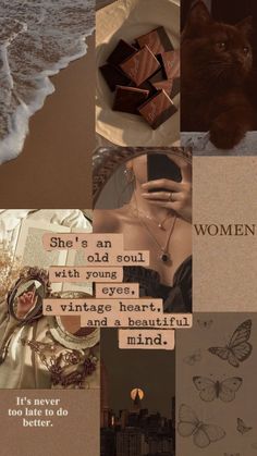 there are many different pictures with words on them that include women, cats and other things