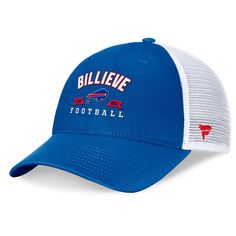 Boost your Buffalo Bills spirit with this Timeout Trucker Adjustable Hat from Fanatics. This hat features an embroidered team logo with a catchphrase wordmark across the crown, adding a touch of Bills spirit to your game-day look. The four mesh mid and rear panels provide optimal breathability, ensuring you stay cool and comfortable whether you're cheering from the stands or watching the game at home. Fan Gear Baseball Cap In Team Colors, Team-colored Trucker Hat With Visor For Game Day, Sports Season Hats In Team Colors For Fan Merchandise, Sports Season Fan Gear Baseball Cap, Sports Season Baseball Cap For Fan Gear, Team-colored Sports Season Fan Merchandise Hats, Team-colored Hats For Sports Season Fan Merchandise, Sports Season Fan Merchandise Cap, Fan Gear Baseball Cap For Sports Season