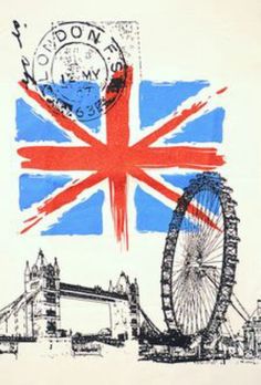 a drawing of the british flag with a ferris wheel in front of london's big ben