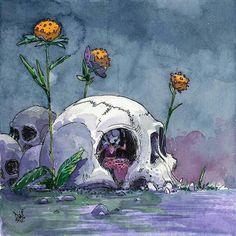 a painting of a skull with flowers growing out of it's mouth and in the water