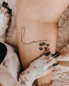 a dog laying on top of a bed next to a woman's leg and paw tattoo