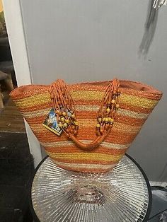 NWT Sun N' Sand Orange Yellow Striped Straw Beaded Strap Beach Tote Shoulder Bag  | eBay Bohemian Beaded Beach Bag For Summer, Beaded Beach Bags For Beach Season, Summer Tote Bag Fashion Accessory, Woven Bags As Fashion Accessories For Summer, Summer Vacation Beaded Shoulder Bag, Rectangular Beaded Beach Bag, Summer Beach Beaded Straw Bag, Summer Beaded Bucket Bag, Summer Vacation Beaded Beach Bag