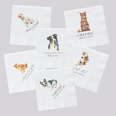 four napkins with pictures of dogs and cats on them, all printed in different colors