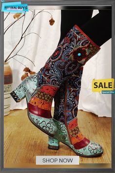 Vintage Ethnic Patchwork Floral Chunky Heel Boots Vintage Multicolor Boots For Fall, Multicolor Retro Boots For Fall, Retro Multicolor Boots For Fall, Fitted Bohemian Winter Boots, Traditional Spring Boots, Traditional Fitted Boots For Spring, Bohemian Fitted Boots For Fall, Traditional Fitted Boots For Fall, Retro Multicolor Boots For Winter