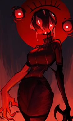 a drawing of a woman with red eyes and an evil look on her face, standing in front of a dark background