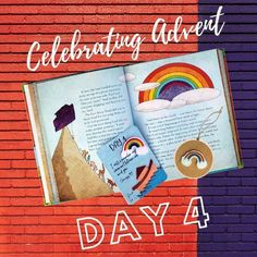 an open book sitting on top of a red brick wall with the words celebrating adventure day 4