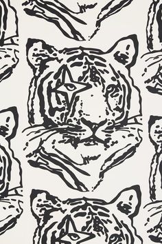 a black and white drawing of a tiger's face with many smaller faces in the background